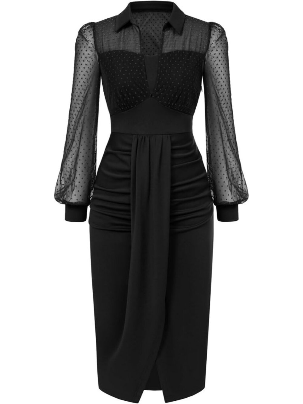 Women's Black Vintage Mesh Long Sleeve Ruched Cocktail Wedding Guest Dress
